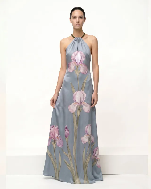 Iris Floral Print Halter Maxi Dress - Dusty Blue made by JW PEI