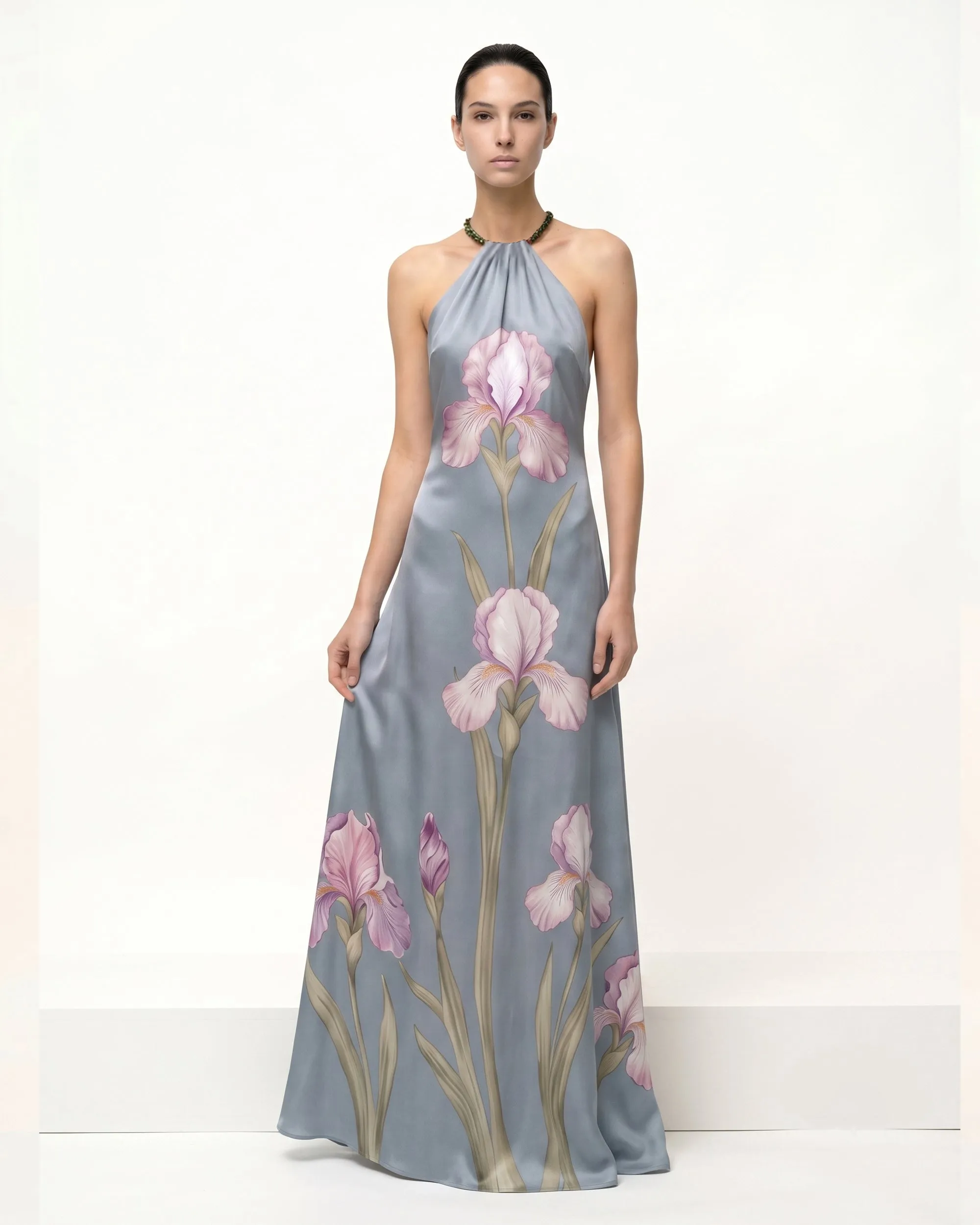 Iris Floral Print Halter Maxi Dress - Dusty Blue sold by JW PEI