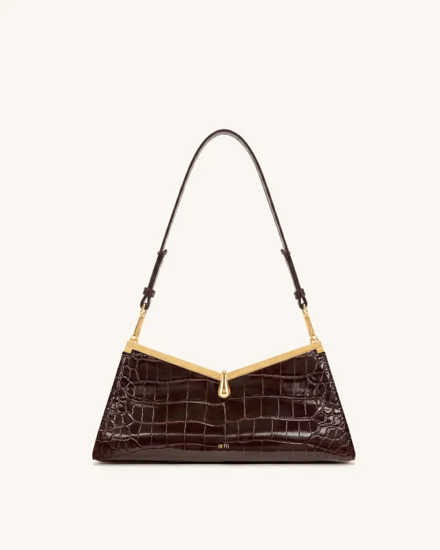 Nerina V-Frame Shoulder Bag - Dark Brown Croc made by JW PEI
