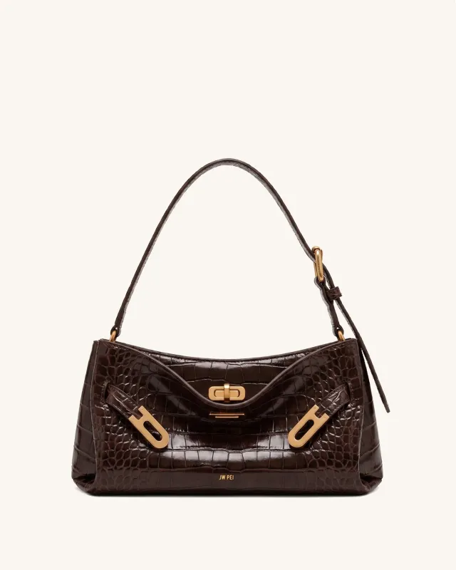 Rhea Double Buckle Adjustable Shoulder Bag - Dark Brown Croc made by JW PEI
