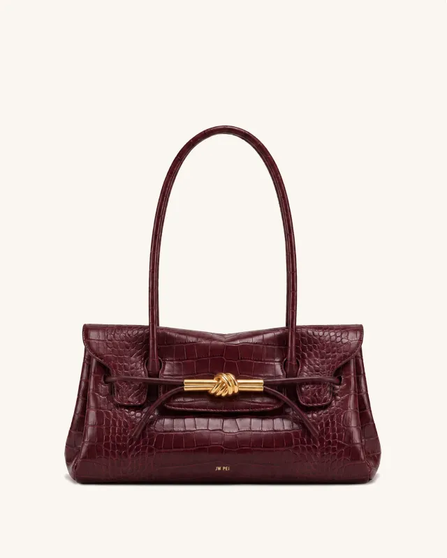 Lena Metal Rope Knot Flap Shoulder Bag - Burgundy Croc made by JW PEI