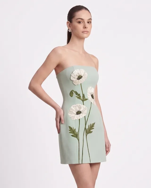 Corn Poppy Floral Strapless Mini Dress - Mint Green made by JW PEI