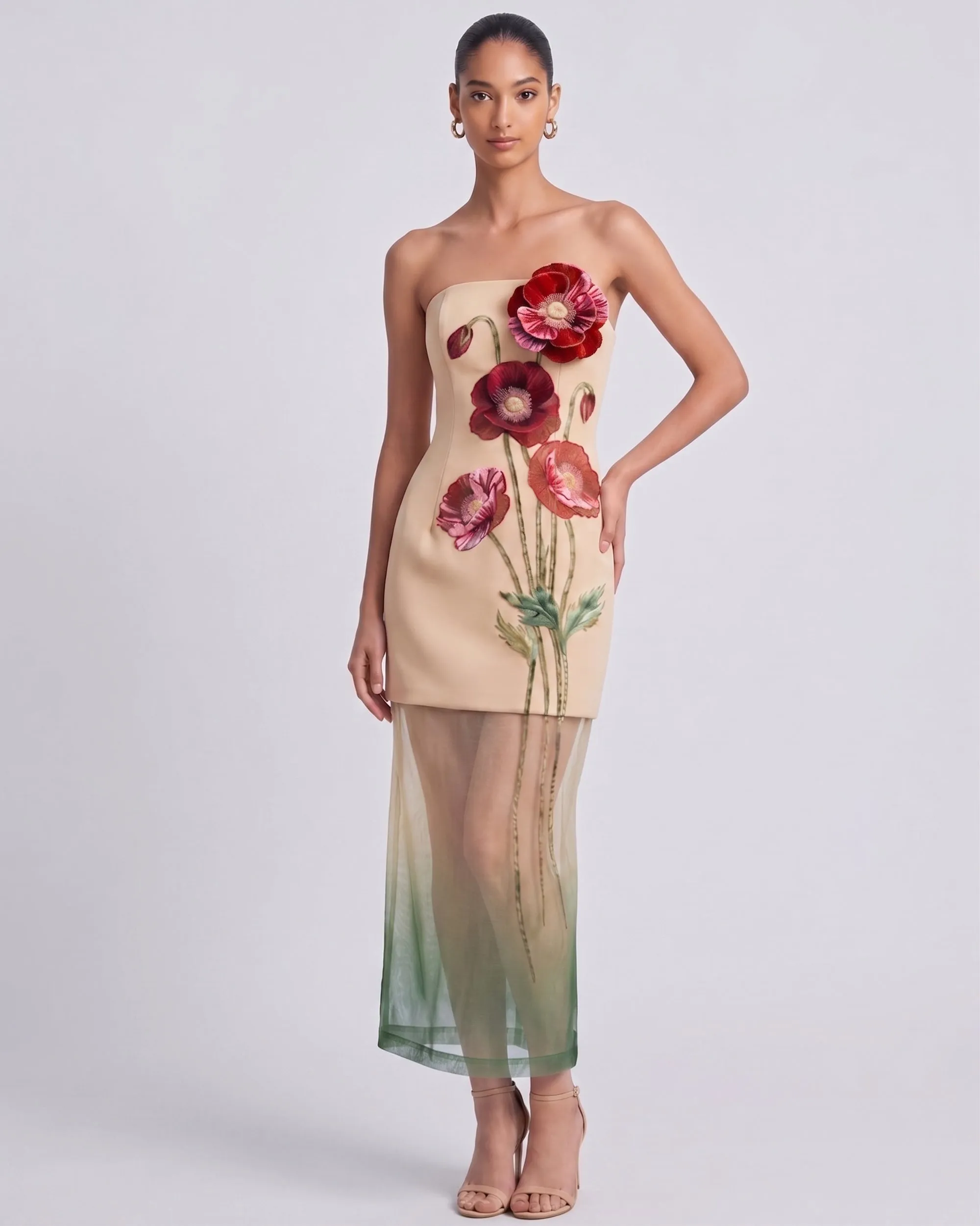 3D Corn Poppy Floral Sheer Layered Midi Dress - Beige sold by JW PEI