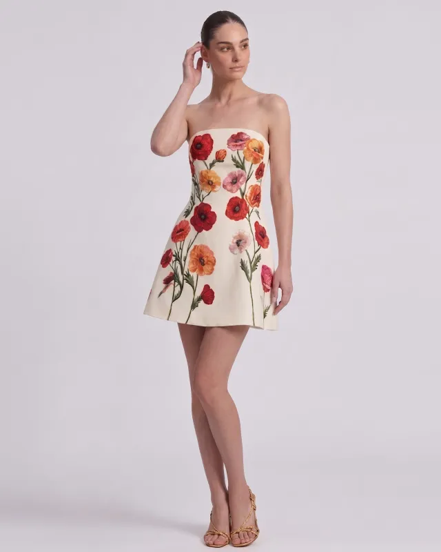 Corn Poppy Floral Strapless A-Line Mini Dress - Ivory made by JW PEI