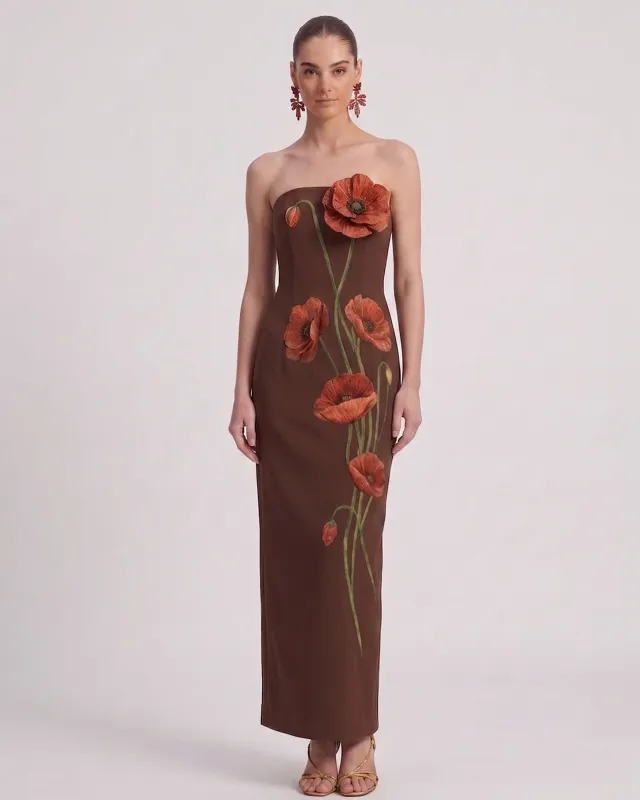 Corn Poppy Floral Strapless Column Maxi Dress - Chocolate Brown made by JW PEI