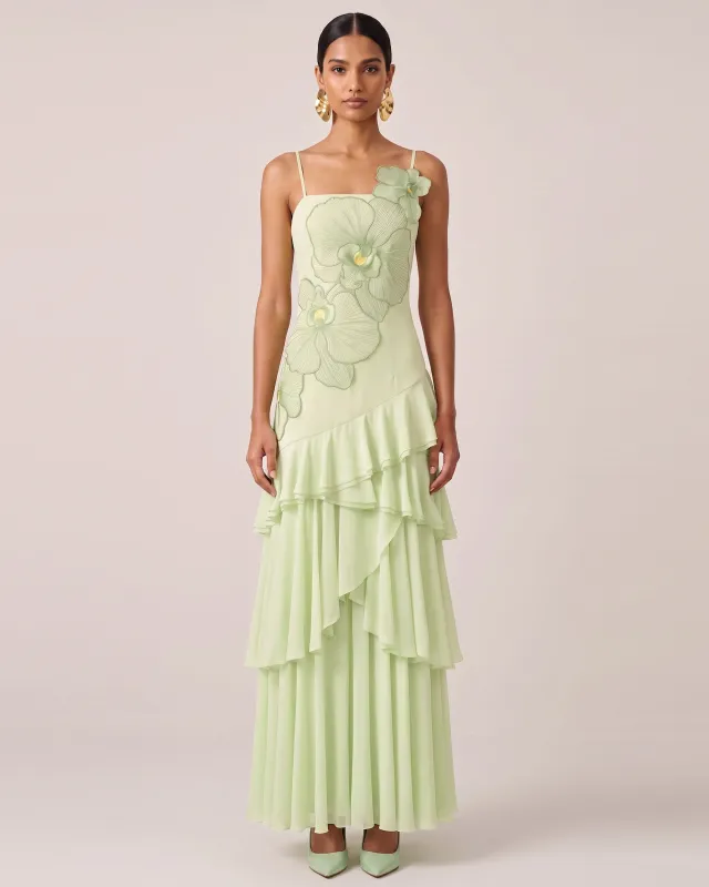 Orchid Embroidered Ruffled One-Shoulder Maxi Dress - Light Green made by JW PEI