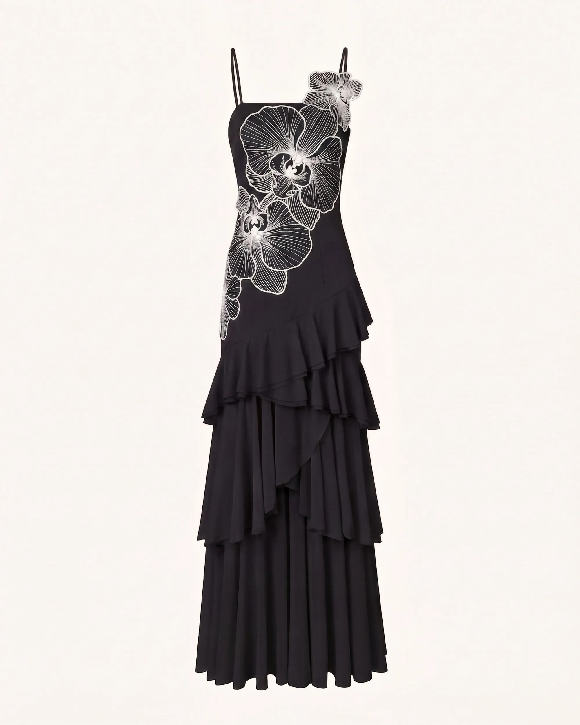 Orchid Embroidered Ruffled One-Shoulder Maxi Dress - Black & White sold by JW PEI product image thumbnail 2
