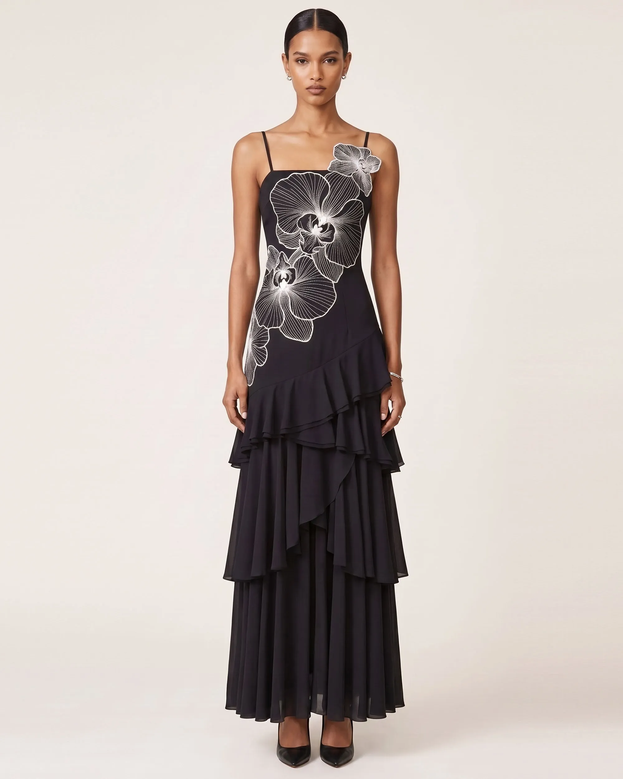 Orchid Embroidered Ruffled One-Shoulder Maxi Dress - Black & White sold by JW PEI