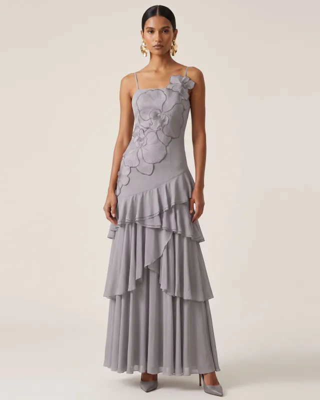 Orchid Embroidered Ruffled One-Shoulder Maxi Dress - Lavender Gray made by JW PEI