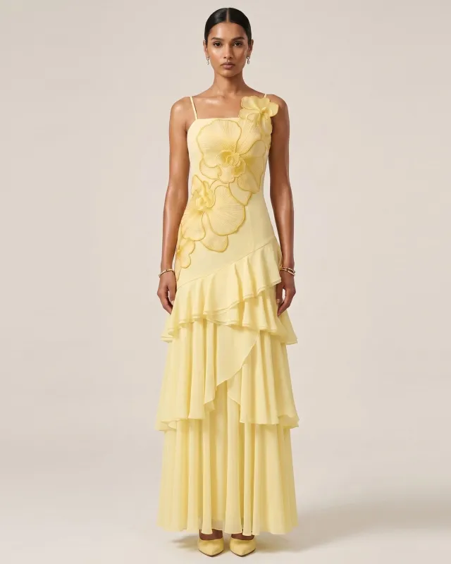 Orchid Embroidered Ruffled One-Shoulder Maxi Dress - Pale Yellow made by JW PEI