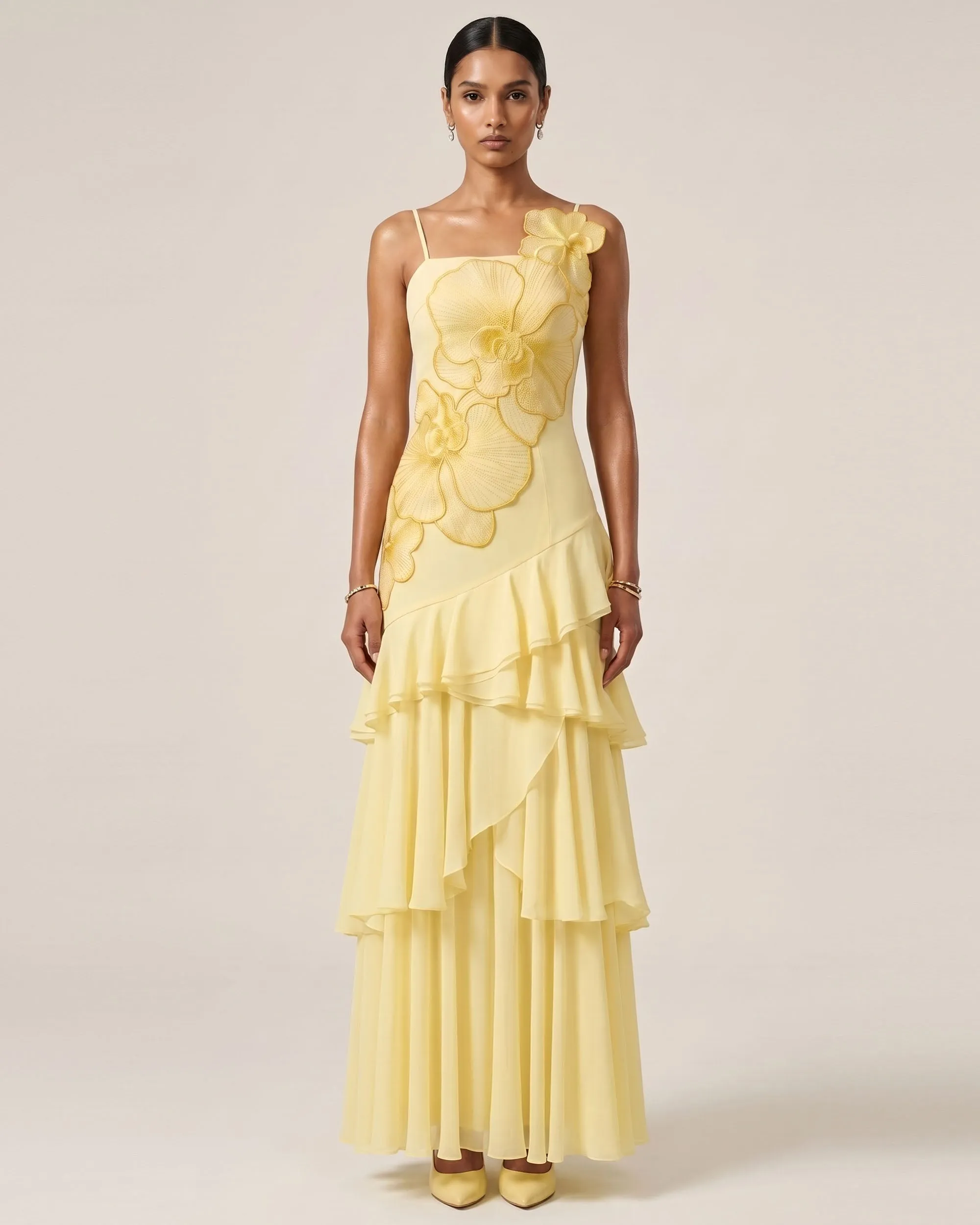 Orchid Embroidered Ruffled One-Shoulder Maxi Dress - Pale Yellow sold by JW PEI