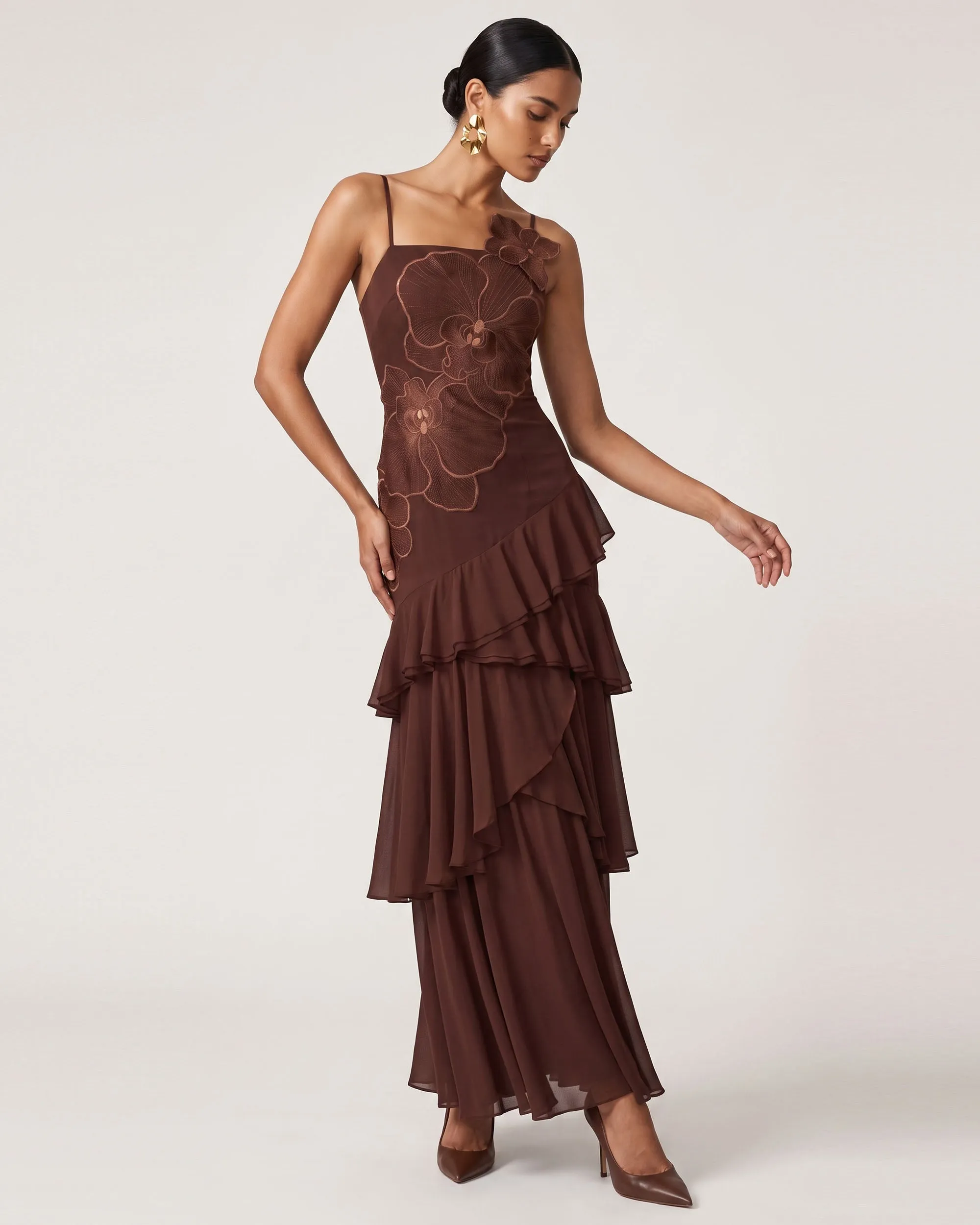 Orchid Embroidered Ruffled One-Shoulder Maxi Dress - Dark Brown sold by JW PEI