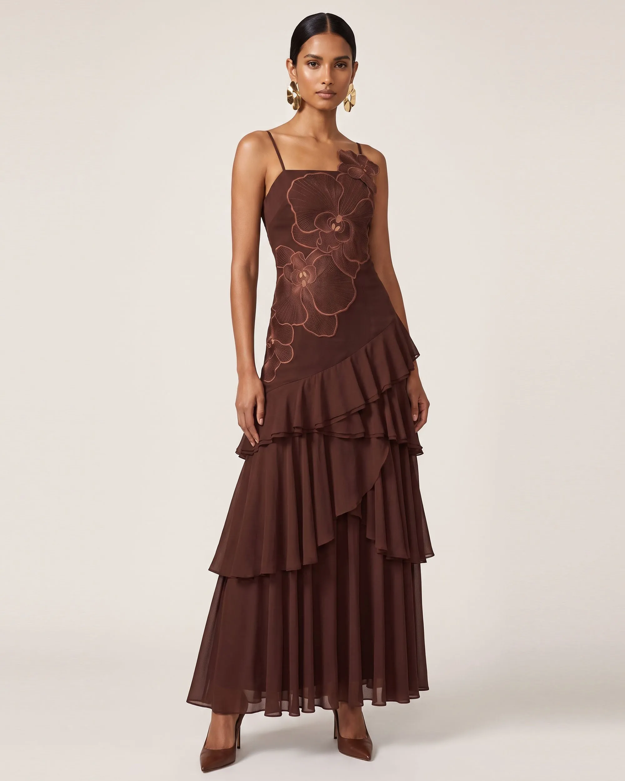 Orchid Embroidered Ruffled One-Shoulder Maxi Dress - Dark Brown sold by JW PEI product image thumbnail 2
