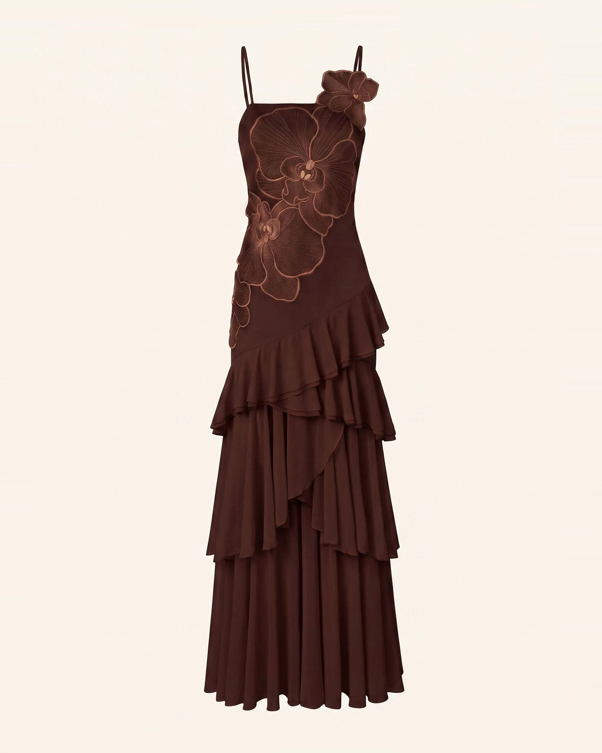 Orchid Embroidered Ruffled One-Shoulder Maxi Dress - Dark Brown sold by JW PEI product image thumbnail 3
