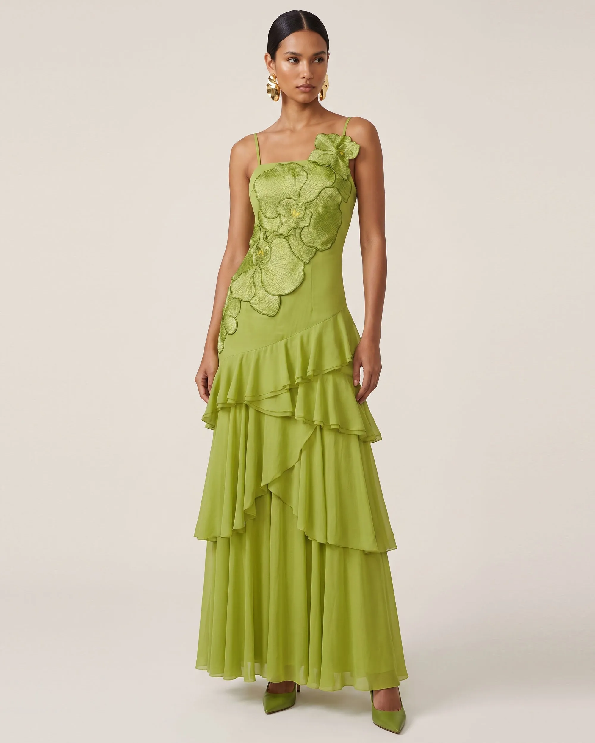 Orchid Embroidered Ruffled One-Shoulder Maxi Dress - Olive Green sold by JW PEI product image thumbnail 2