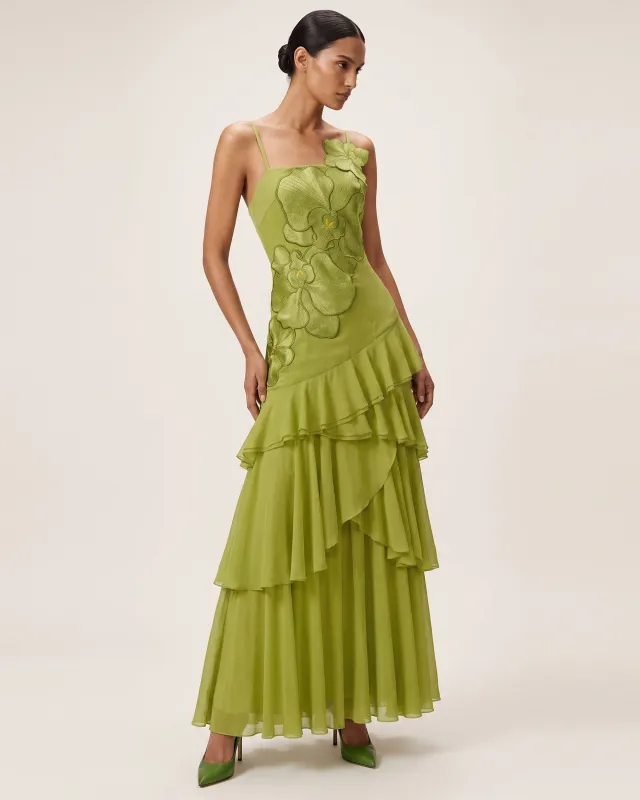 Orchid Embroidered Ruffled One-Shoulder Maxi Dress - Olive Green made by JW PEI