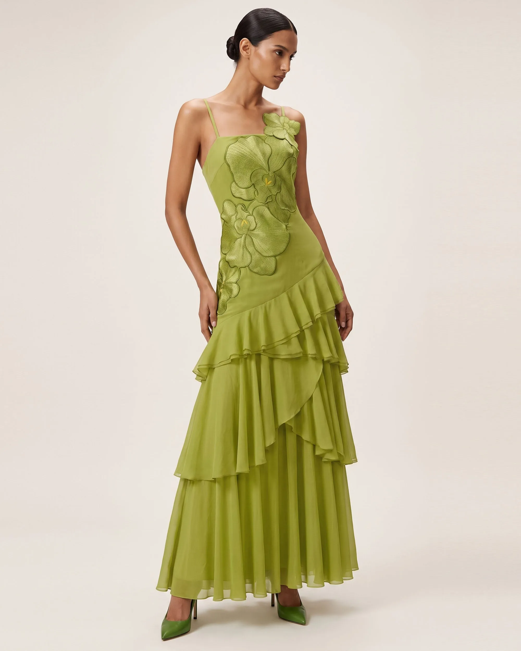 Orchid Embroidered Ruffled One-Shoulder Maxi Dress - Olive Green sold by JW PEI