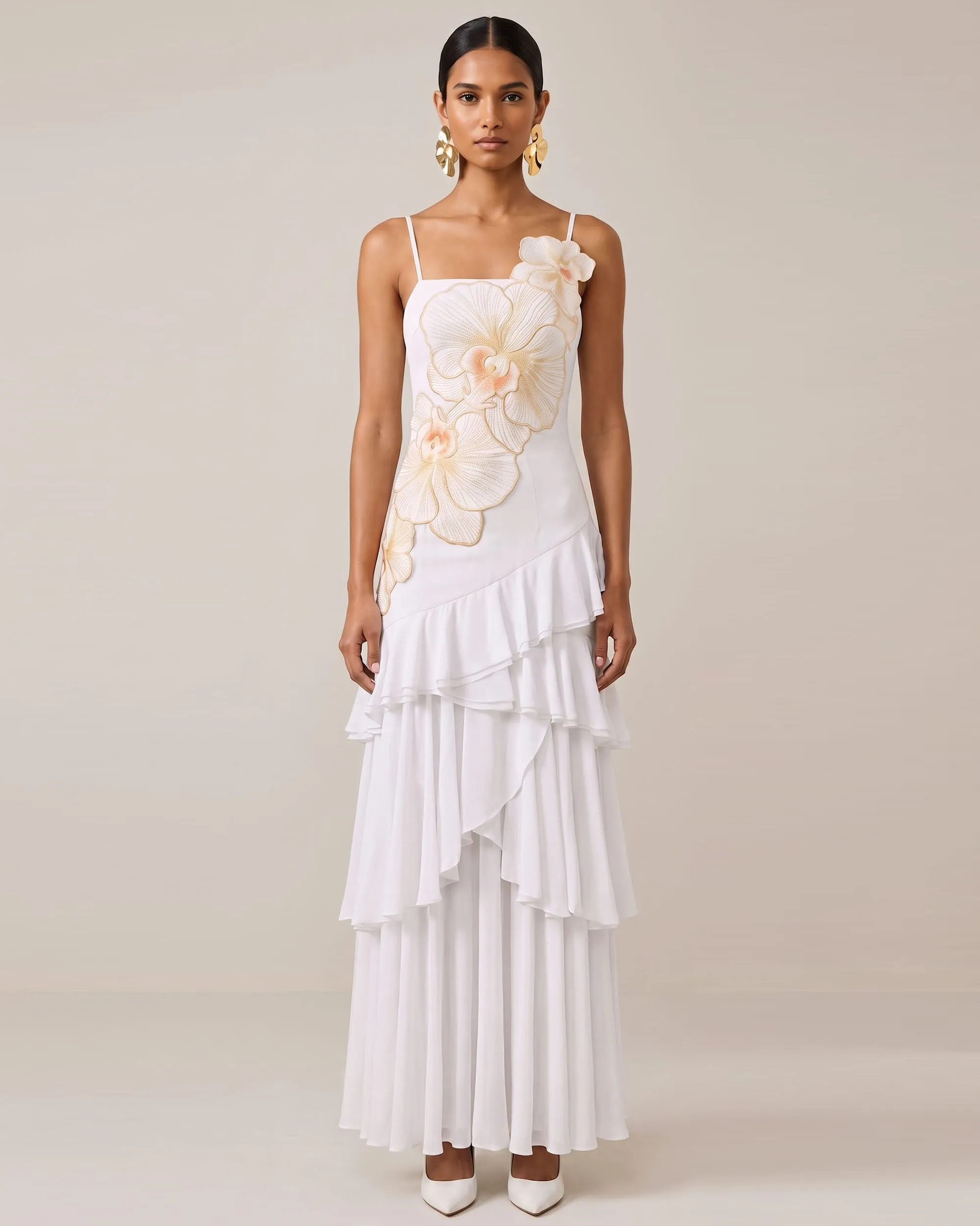 Orchid Embroidered Ruffled One-Shoulder Maxi Dress - Ivory sold by JW PEI