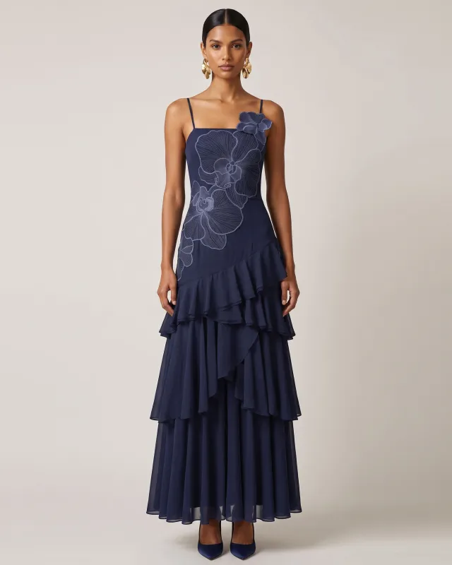 Orchid Embroidered Ruffled One-Shoulder Maxi Dress - Navy made by JW PEI