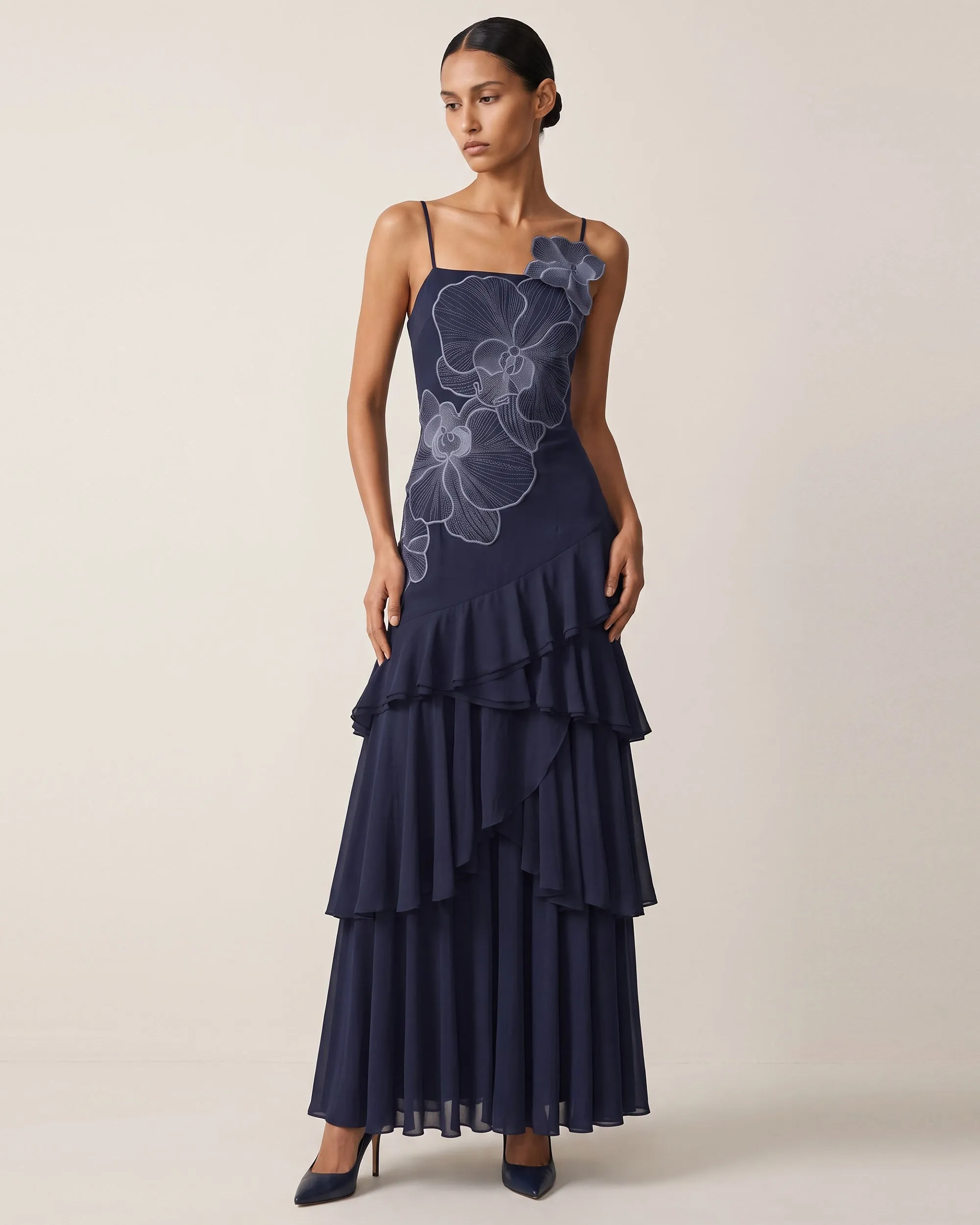 Orchid Embroidered Ruffled One-Shoulder Maxi Dress - Navy sold by JW PEI product image thumbnail 2