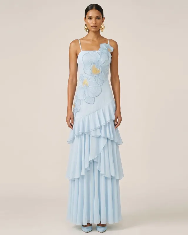 Orchid Embroidered Ruffled One-Shoulder Maxi Dress - Blue made by JW PEI