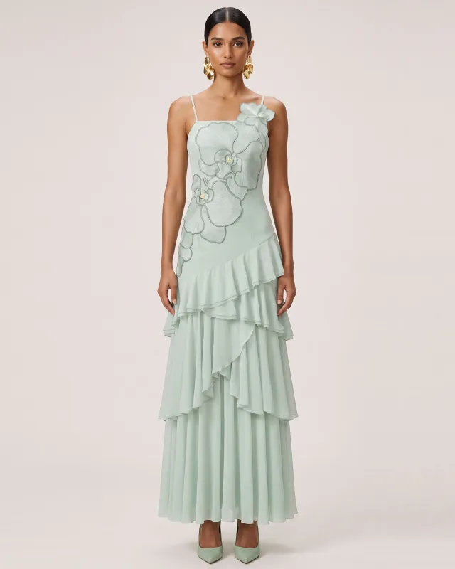 Orchid Embroidered Ruffled One-Shoulder Maxi Dress - Mint Green made by JW PEI
