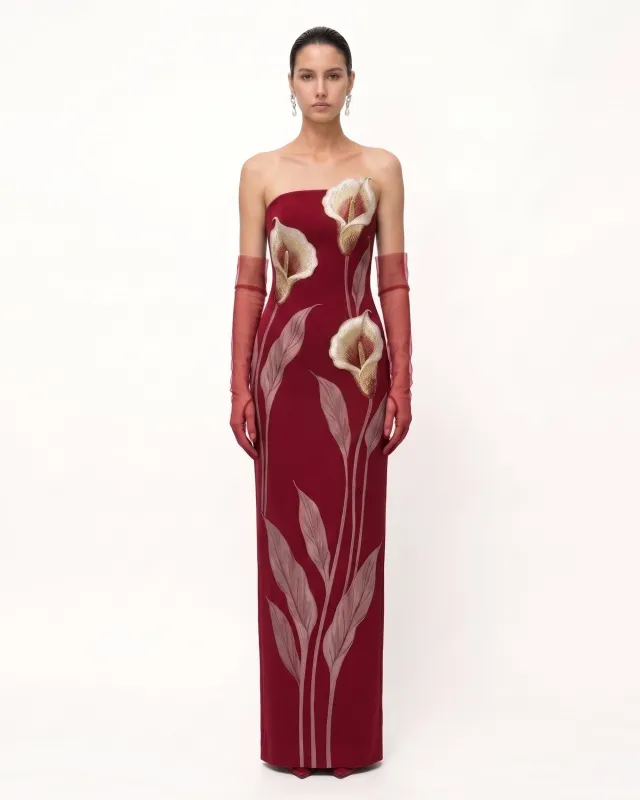 Calla Lily Strapless Column Maxi Dress - Crimson Red made by JW PEI