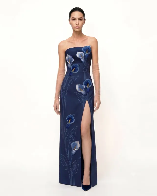 Calla Lily Strapless Slit Column Maxi Dress - Navy made by JW PEI