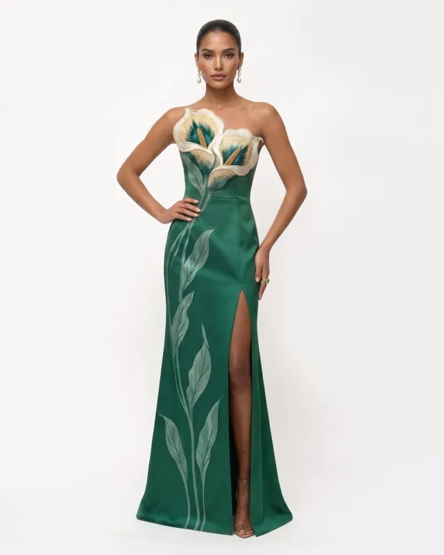 Calla Lily Strapless Slit Maxi Dress - Emerald Green made by JW PEI