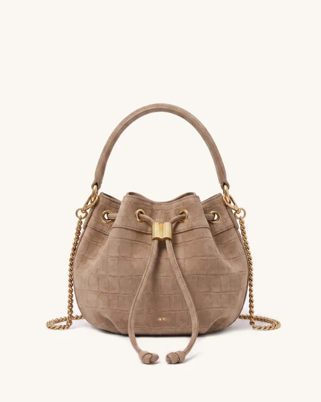 Celia Faux Suede Drawstring Bucket Bag - Taupe Croc-Embossed made by JW PEI