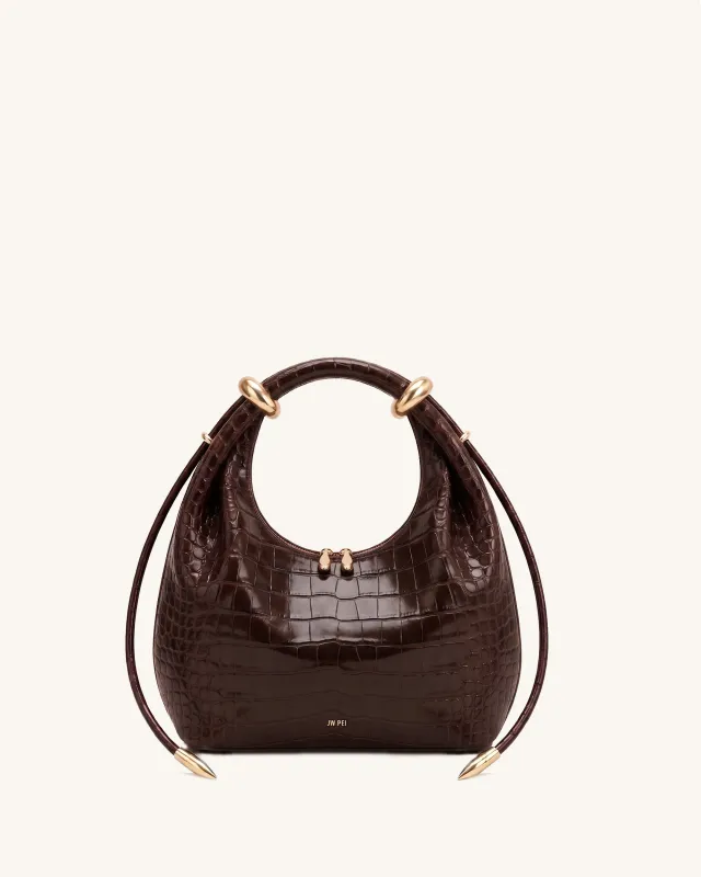 Ellie Metal Ring Bullet-Tip Hobo Top Handle Bag - Dark Brown Croc made by JW PEI