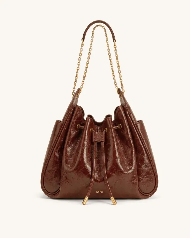 Rowan Ruched Drawstring Chain Bucket Bag - Caramel made by JW PEI