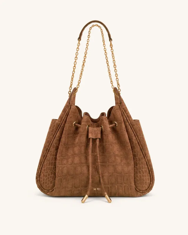 Rowan Faux Suede Drawstring Chain Bucket Bag - Terracotta Brown Croc made by JW PEI