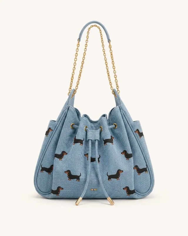 Rowan Ruched Drawstring Chain Bucket Bag - Sea Blue Denim made by JW PEI