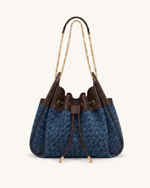 Rowan Weaving Ruched Drawstring Chain Bucket Bag - Sea Blue Denim made by JW PEI