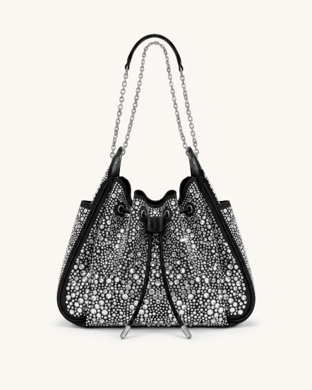 Rowan Artificial Crystal Ruched Drawstring Chain Bucket Bag - Dark Ink made by JW PEI