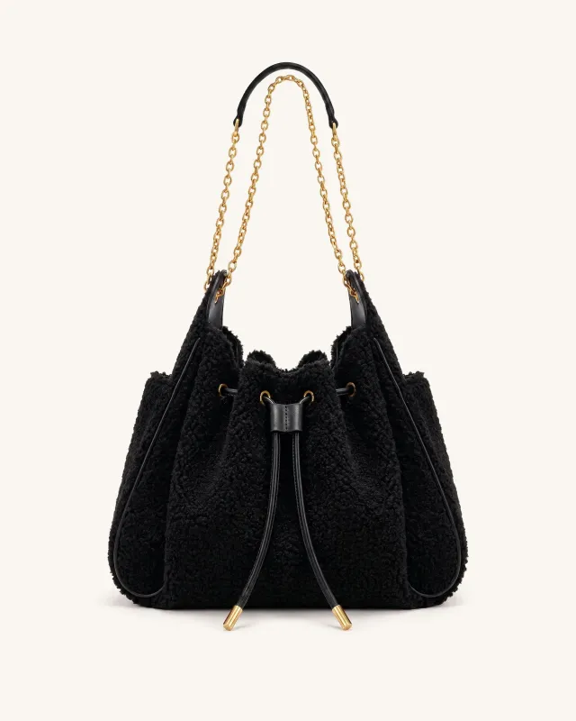 Rowan Faux Fur Ruched Drawstring Chain Bucket Bag - Onyx Black made by JW PEI