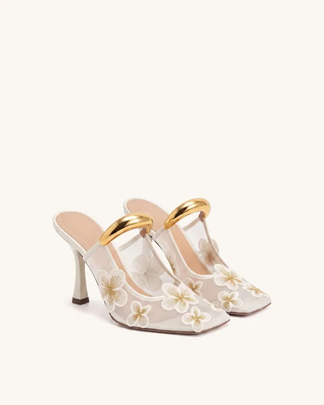 Mireille Pierced Floral Embroidered Appliqué Mesh Mules - Ivory made by JW PEI