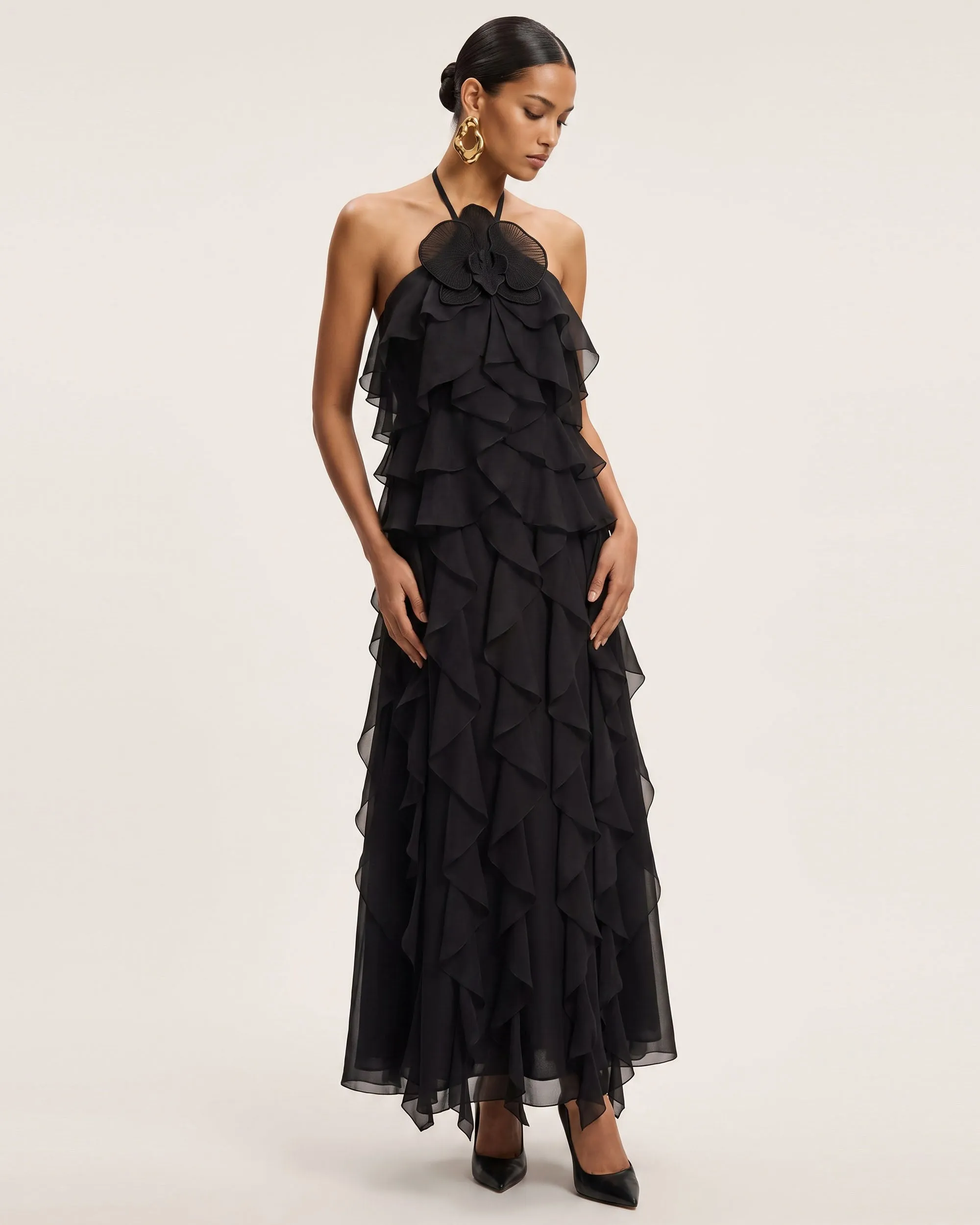 Orchid Embroidered Ruffle Halter Maxi Dress - Black sold by JW PEI