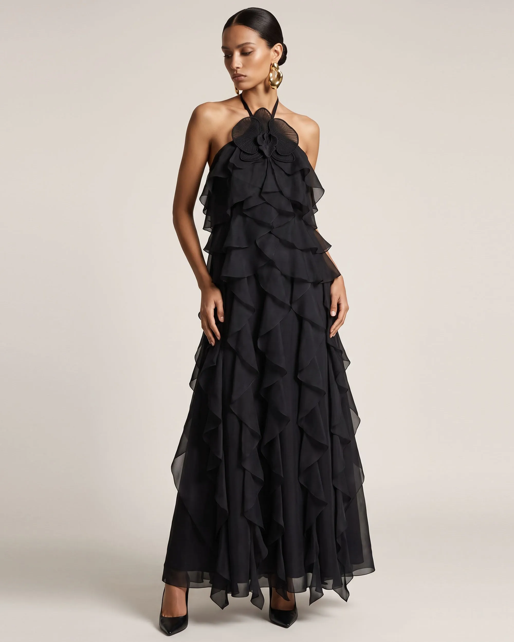 Orchid Embroidered Ruffle Halter Maxi Dress - Black sold by JW PEI product image thumbnail 2