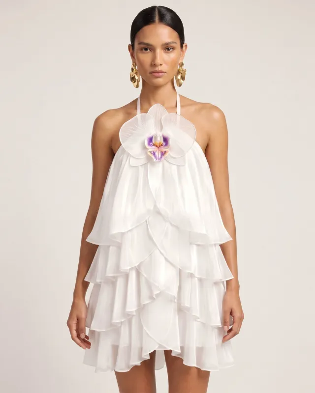 Orchid Embroidered Tiered Halter Mini Dress - White made by JW PEI