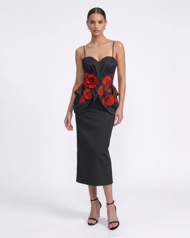 Corn Poppy 3D Floral Print Peplum Midi Dress - Black made by JW PEI