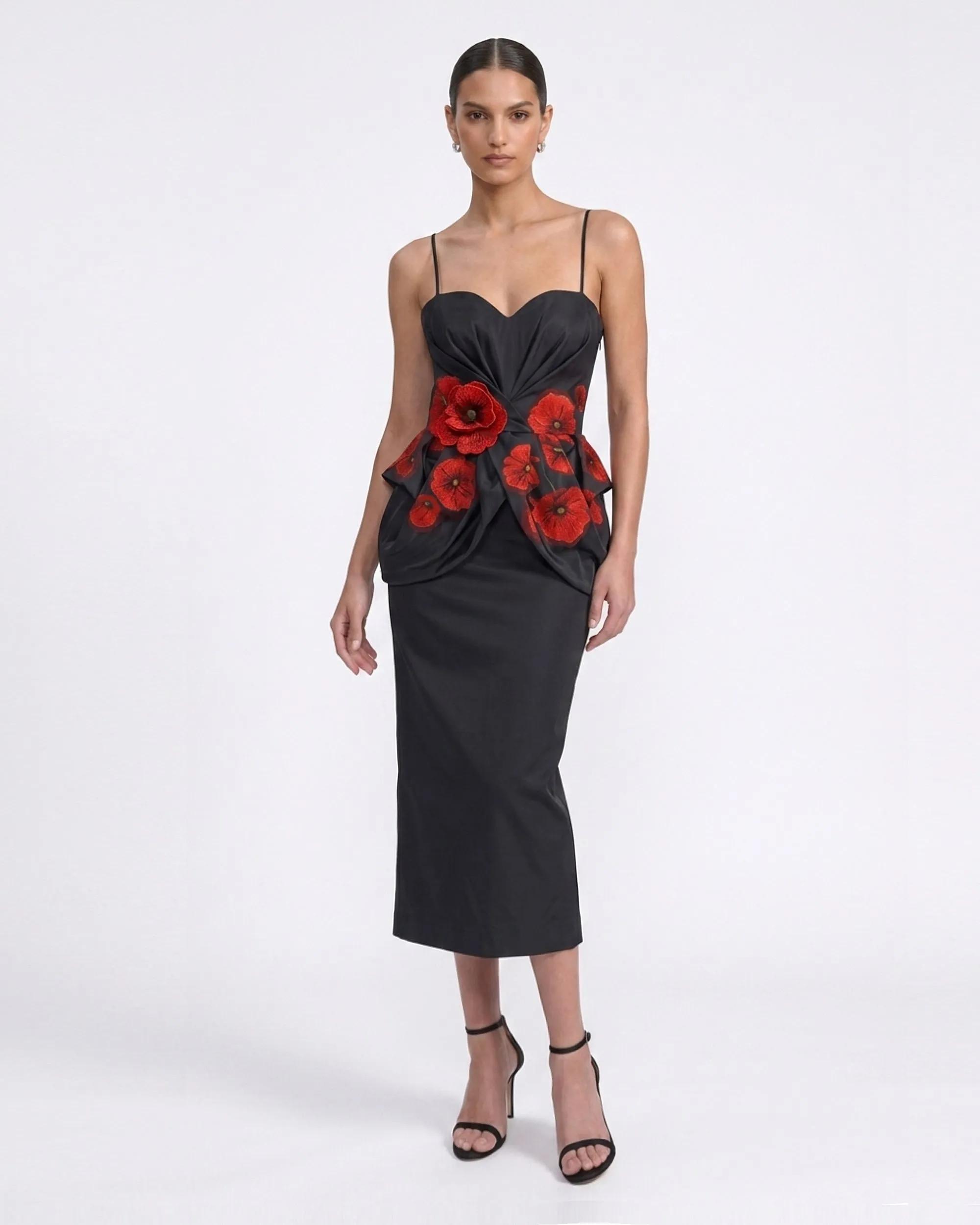 Corn Poppy 3D Floral Print Peplum Midi Dress - Black sold by JW PEI