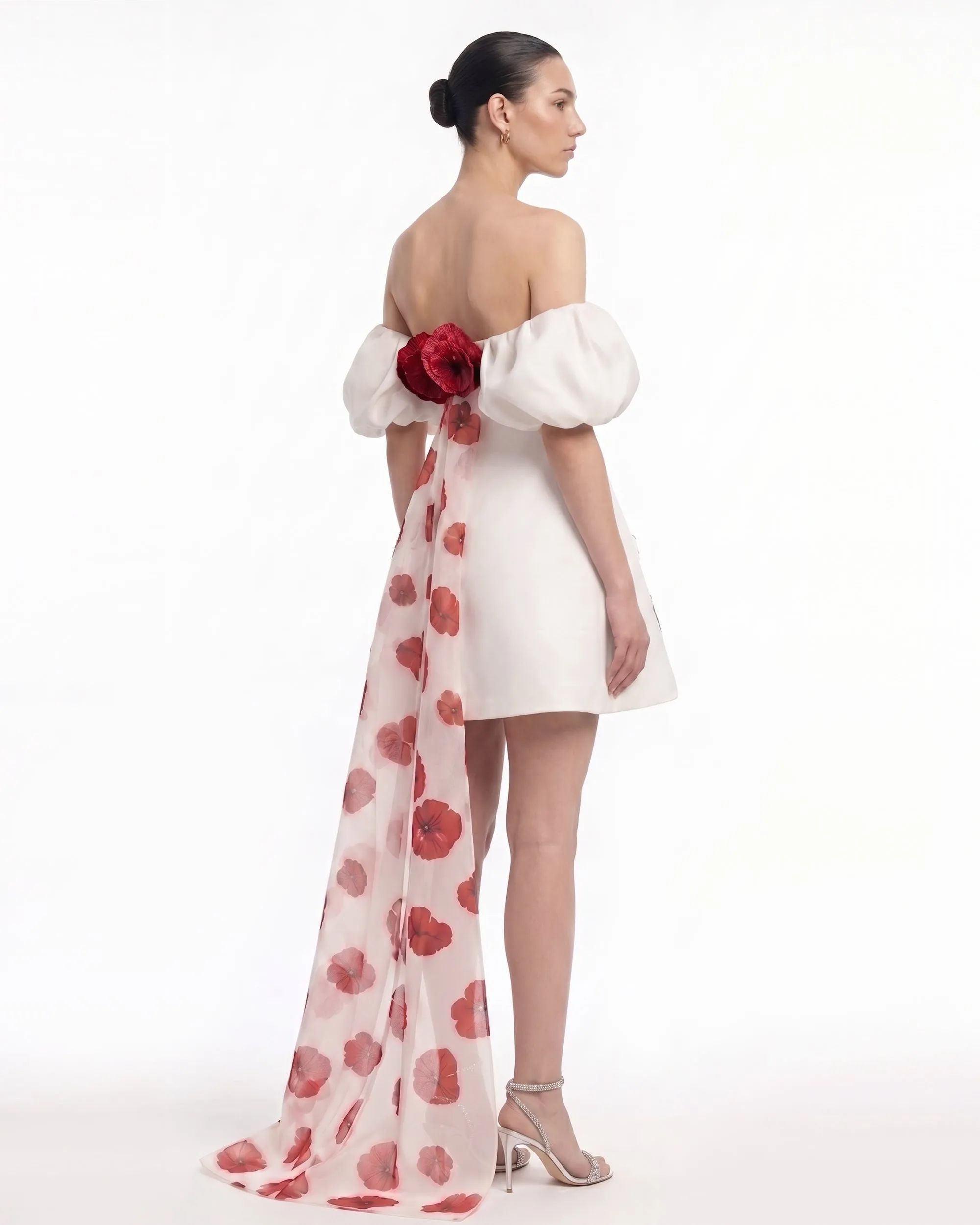 3D Floral Corn Poppy Puff-Sleeve Mini Dress with Train - Ivory sold by JW PEI
