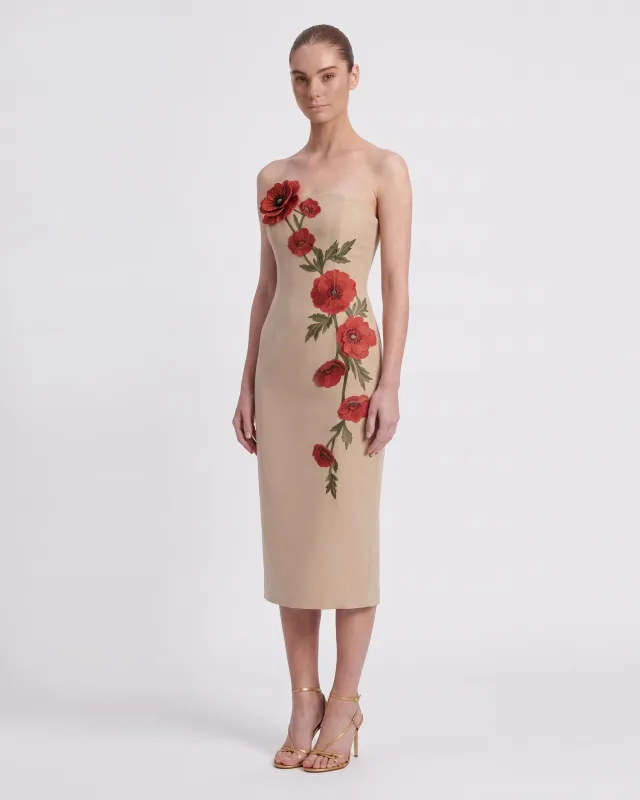 Corn Poppy 3D Floral Strapless Column Midi Dress - Nude Beige made by JW PEI