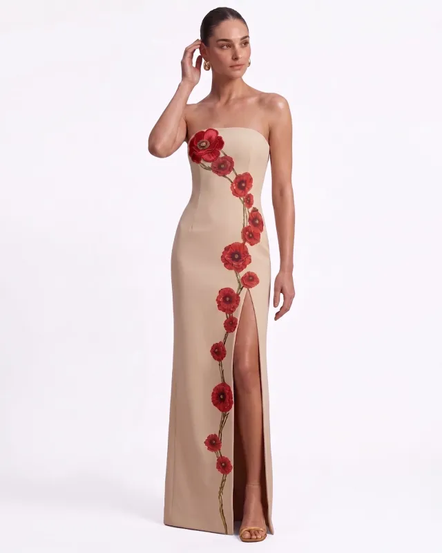 3D Floral Corn Poppy Strapless Slit Maxi Dress - Nude Beige made by JW PEI