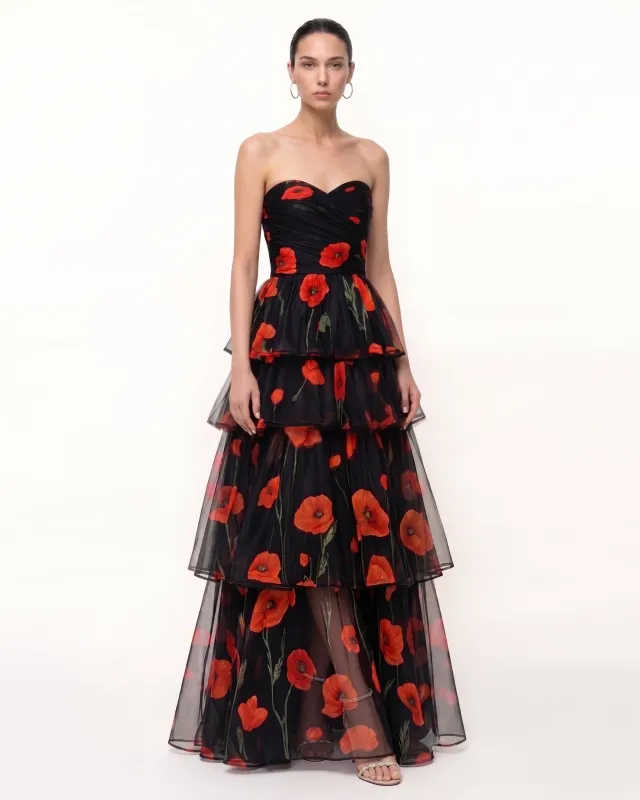 Printed Corn Poppy Tiered Tulle Strapless Maxi Dress - Black made by JW PEI