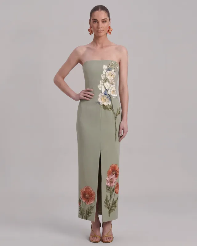 Corn Poppy Floral Strapless Slit Maxi Dress - Sage Green made by JW PEI