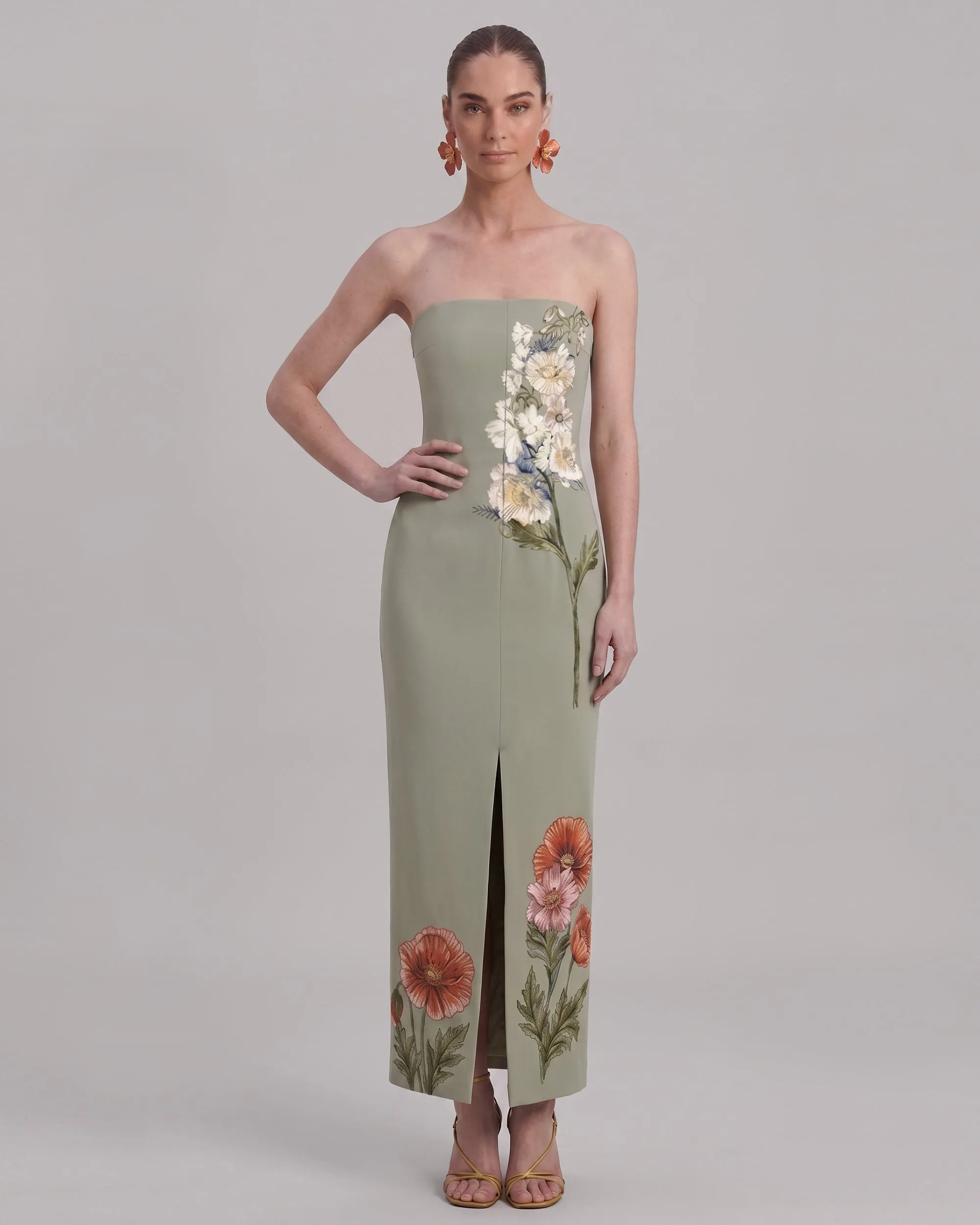 Corn Poppy Floral Strapless Slit Maxi Dress - Sage Green sold by JW PEI