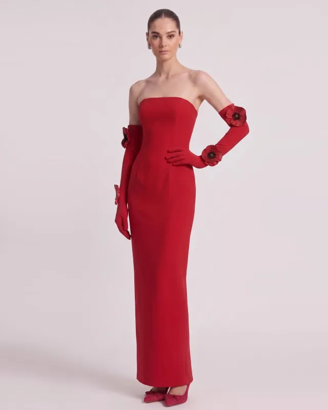 3D Floral Corn Poppy Strapless Column Maxi Dress - Scarlet Red made by JW PEI